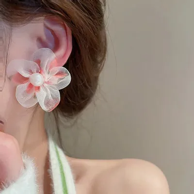 Cute Sweet Pearl Organza Big Flowers Petal Earrings